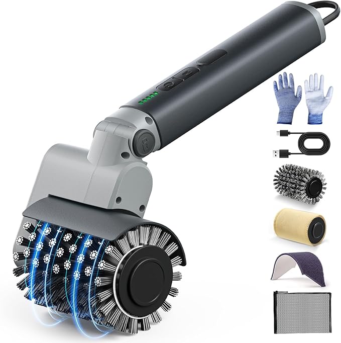 VOXPOA Electric Grill Brush for Outdoor Grill,3-in-1 Kit Cordless Rotary Grill Cleaner with 3-Speed Control&Angle Adjust,Safe for Cast Iron/Stainless-Steel Grates,Ideal BBQ Gifts for Men Dad