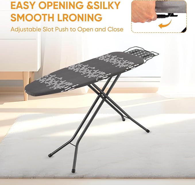 Jakeefud Deluxe Ironing Board with Heat Resistant Cover and Thicken Felt Pad, Safety Iron Rest, 4 Premium Steel Legs, Height Adjustable,Foldable