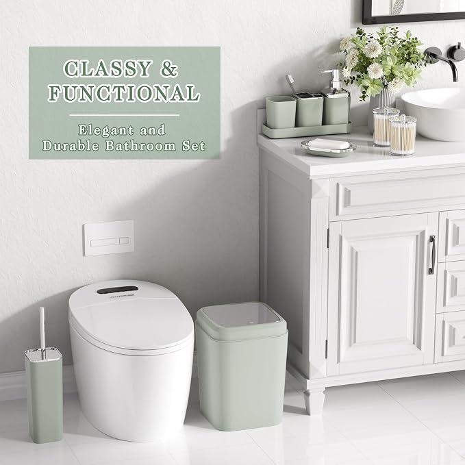 XLHOMO Bathroom Set, Bathroom Accessory Set, Sage Green Bathroom Accessories Set with Press-on Lid Bathroom Trash Can, Soap Dispenser, 9PC Bathroom Accessory Set for Home