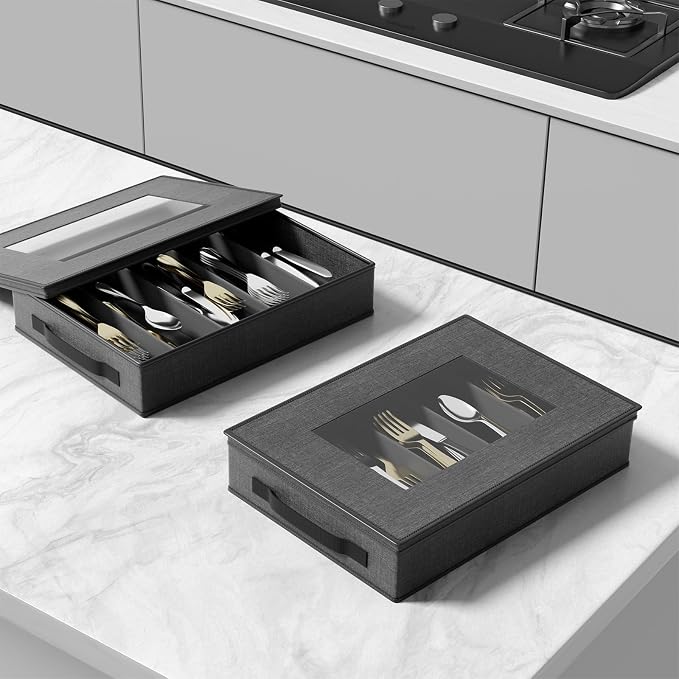 2-Pack Flatware Storage Box, Silverware Organizer with Clear Lid, Grey | Utensil Storage Case with Adjustable Dividers, Quilted, Stackable, Dual Zippers, Reinforced Handles for Moving and Storage