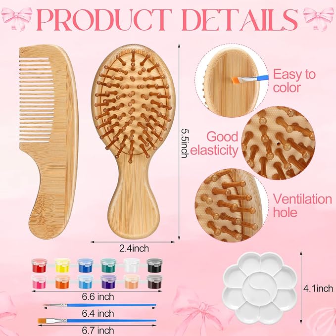 Meanplan 12 Set DIY Wooden Hairbrush Painting Kits Make Your Own Hair Brush Hand-Painted Hairbrush Night Party Supplies with Paint Brush and Palette for DIY Crafts Party Gift