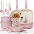 Astercook 23 Pcs Pots and Pans Set Non Stick, Ceramic Cookware Set Detachable Handle, RV Kitchen Cooking Set Removable Handles, Oven Safe, Induction Ready, Stackable, Pink, Mothers Day Gifts