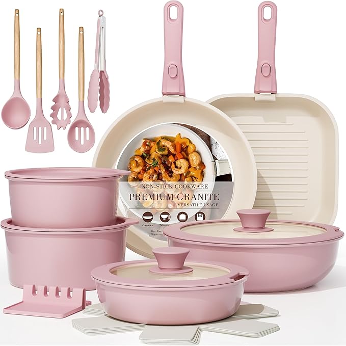 Astercook 23 Pcs Pots and Pans Set Non Stick, Ceramic Cookware Set Detachable Handle, RV Kitchen Cooking Set Removable Handles, Oven Safe, Induction Ready, Stackable, Pink, Mothers Day Gifts