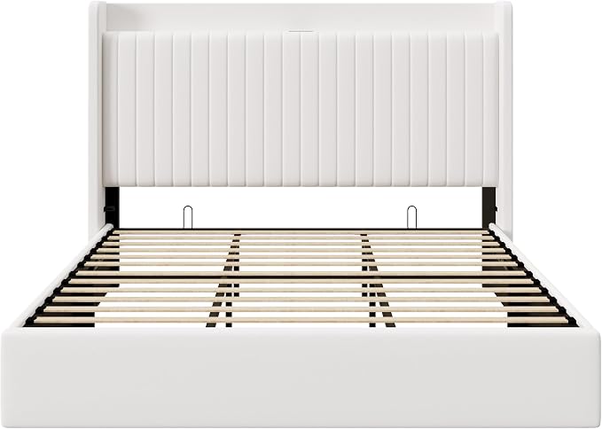 Allewie King Lift Up Storage Hydraulic Bed Frame,Charging Station,White | Storage Shelf Headboard with Charging Station,Type-C,USB Ports,Hydraulic Support,Velvet Upholstered,No Box Spring Needed