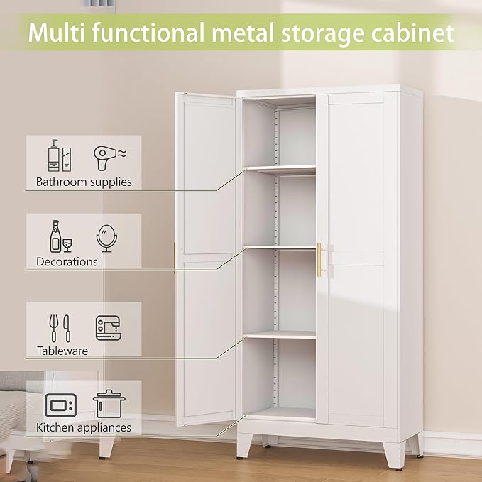GAIOUS Metal Pantry Cabinet, Kitchen Pantry Storage Cabinets with 2 Door and 3 Adjustable Shelves, White Kitchen Pantry Cabinet, Freestanding Cupboard for Dining Room Living Room Bathroom