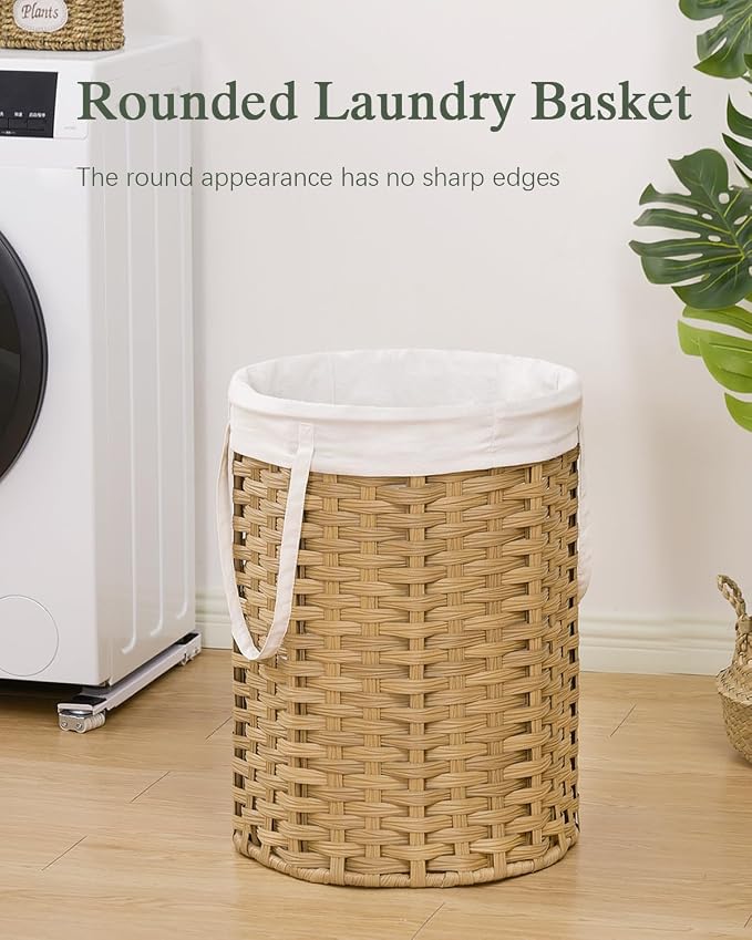 SETVSON Laundry Hamper Laundry Basket Round 19.0 Gal (72 L) Handwoven Rattan Hamper, Large Wicker Hamper Basket with Removable Liner Bag Handles 2 Mesh Bags for Bathroom Living Room Natural (No Lid)