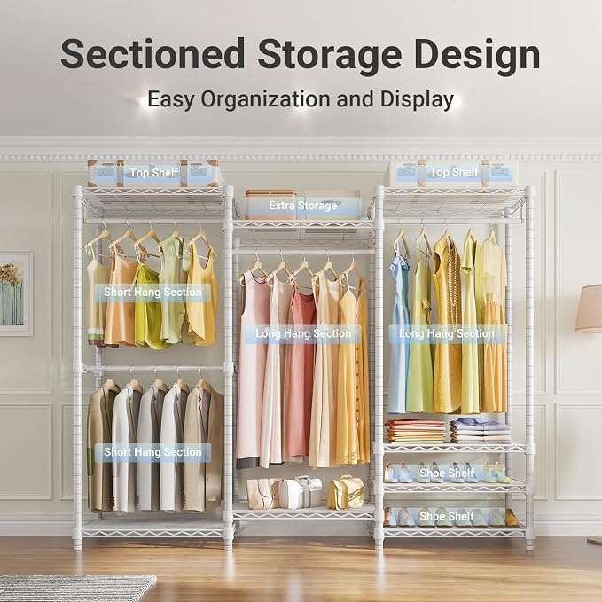 VIPEK V5 Portable Closet Wardrobe Heavy Duty Clothes Rack, Freestanding Clothing Racks with 4 Hang Rods & 8 Shelves, Adjustable Custom Closet Racks, 68.9" L x 15.7" W x 76.4" H, Max Load 890LBS, White