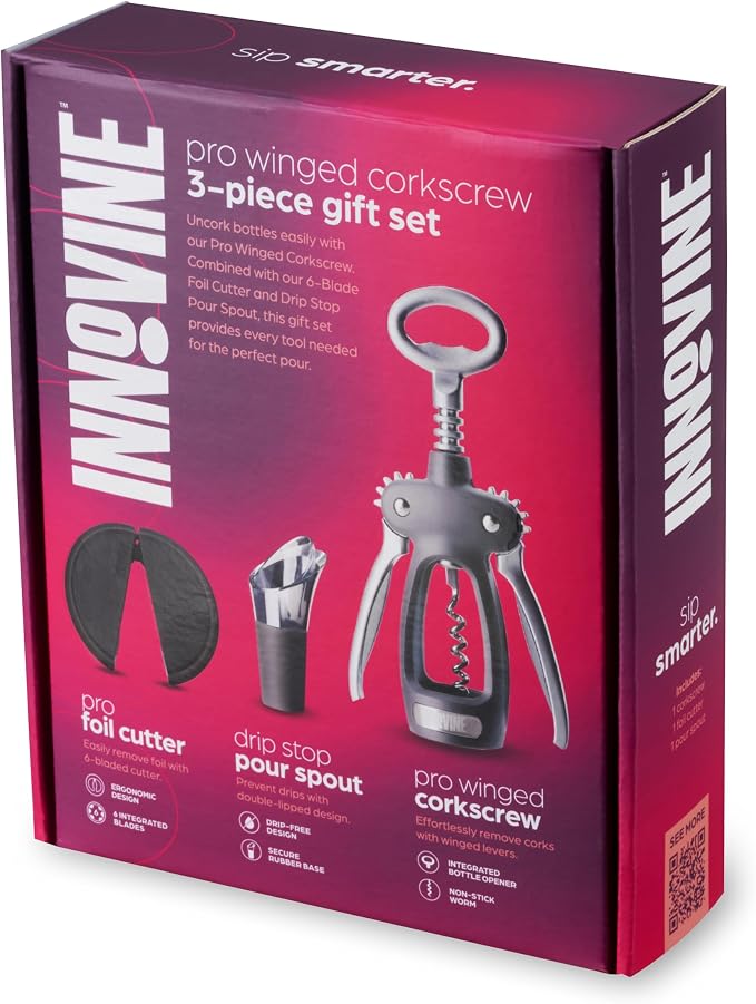 Innovine Pro Winged Corkscrew 3-Piece Wine Gift Set – Winged Corkscrew, 6-Blade Foil Cutter & Drip Stop Pour Spout – Easy Cork Removal, Foil Cutting, Drip-Free Pouring – Ideal for Home Bar & Gifting