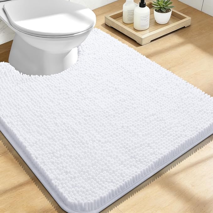 OLANLY Toilet Rugs U-Shaped 24x20, Extra Soft Absorbent Chenille Contour Bathroom Rugs for Toilet, Dry Quickly, Machine Washable, Non-Slip Bath Mat, White