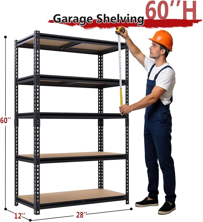 Heavy Duty Garage Shelving,5-Tier Garage Storage Shelves,2400LBS Storage Shelves Heavy Duty,Adjustable 5 Tier Shelving Unit,Heavy Duty Shelving for Garage Storage Warehouse,28''×12''×60''