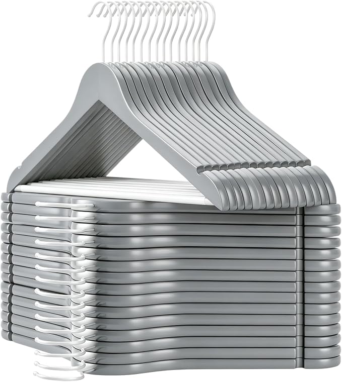 TOPIA HANGER Premium Wooden Hangers with Non-Slip Pant Bar, 360°Swivel Hook and Shoulder Notches, 30 Pack Solid Wood Clothes Hangers for Suit, Coat, Jacket, Camisole(Grey/White)-CT35GW30