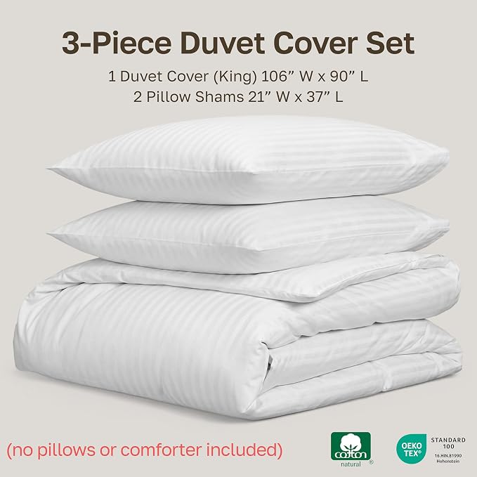 California Design Den King Size Duvet Cover Set, Premium 400 Thread Count 100% Cotton Sateen, Soft Sateen Weave Comforter Cover, Button Closure (Striped White, King)