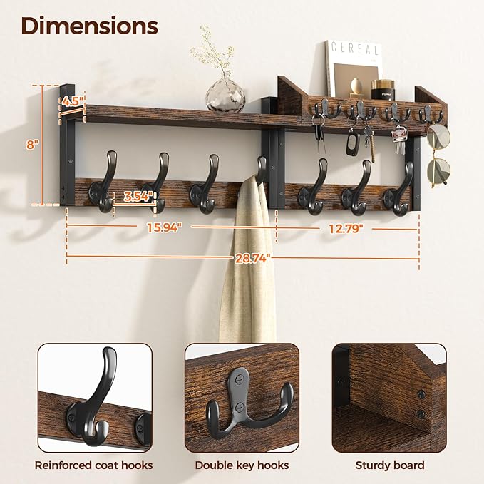 Evermagin 29" Coat Rack Wall Mount with Shelf, 4 in 1 Coat and Key Hanger with 11 Metal Hooks, Entryway Wall Mounted Shelf with Mail Holder for Living Room, Bedroom, Rustic Brown