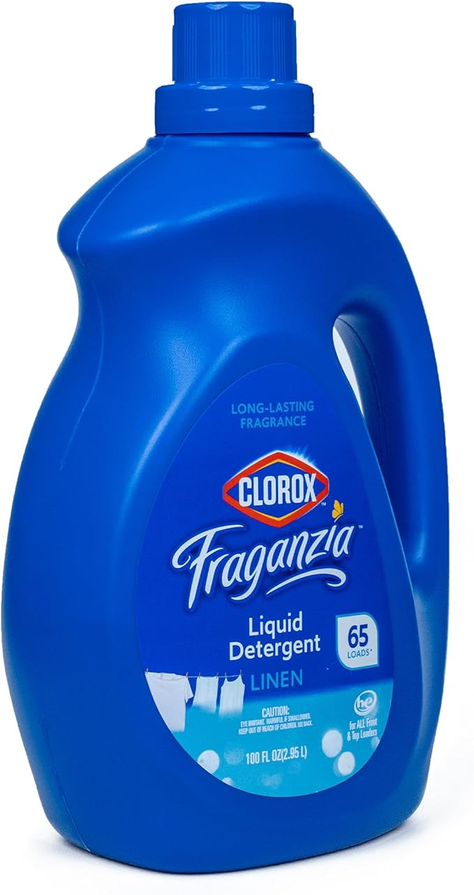 Clorox Fraganzia Liquid Laundry Detergent with Long-Lasting Linen Scent, High Efficiency Formula, 65 Loads per Bottle, All Washers, Fresh Fragrance, 100 Fl Oz