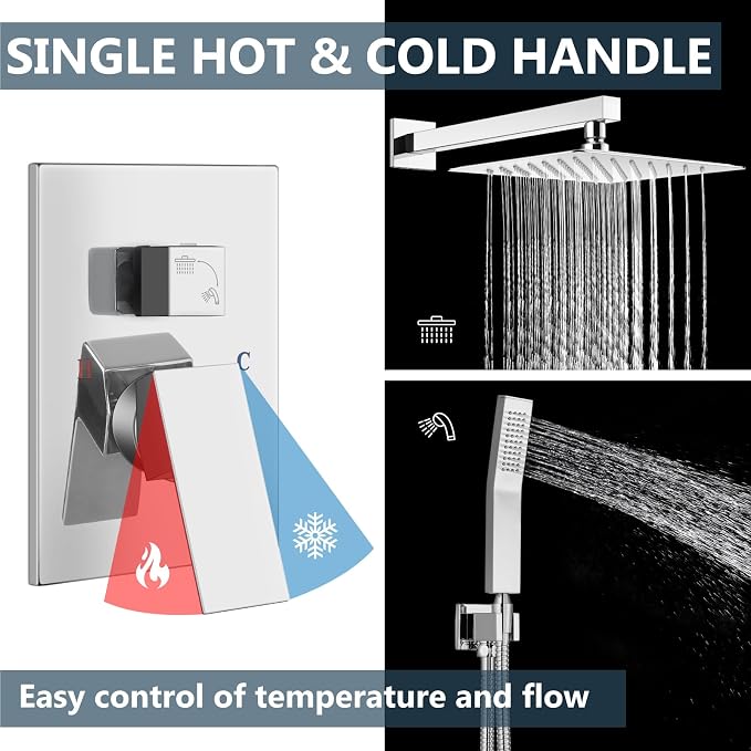 Aolemi Shower Faucet Set Rain Shower System with Handheld Spray Bathroom Shower Combo Rough-in Valve and Shower Trim Kit Included Polish Chrome 12 Inch Wall Mount Shower Head
