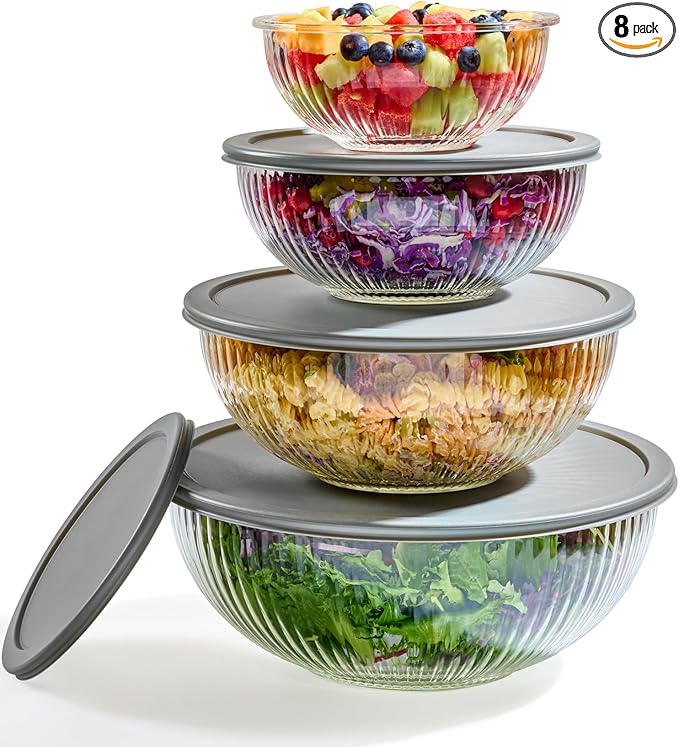 8pc Ribbed Glass Mixing Bowls with Leakproof Airtight Lids - BPA-Free Meal Prep Stackable Space Saving Nesting, Kitchen Baking Food Storage & Serving Containers - Microwave, Freezer, Dishwasher Safe.
