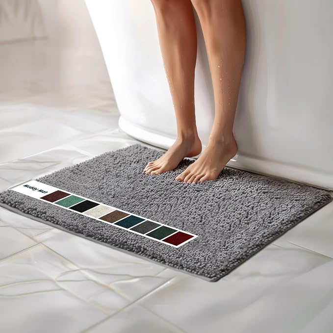 Muddy Mat® | Chenille Bathroom Rugs Quick Dry Microfiber Mats Non Slip Washable, Extra Thick, Soft and Highly Absorbent Bath Mats for Bathroom, Kitchen, and Shower Floor - Grey 24"x35"