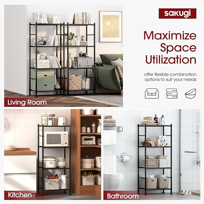 Sakugi Storage Shelves - 4 Tier Shelf Organizer, Heavy Duty Garage Shelving Unit with Leveling Feet, Stable Metal Shelves Organizer for Pantry, Kitchen and Closet, 18.4" W x 12.6" D x 44.2" H, Black