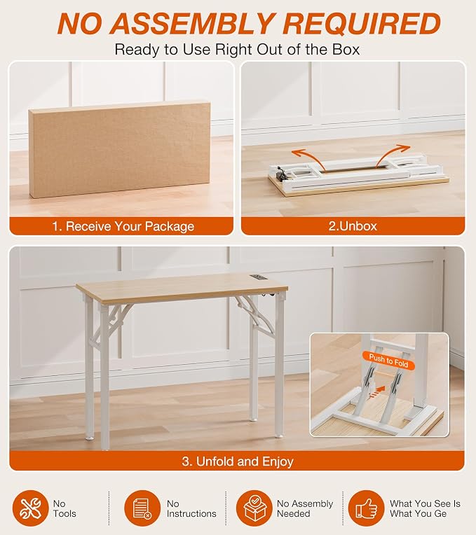 XBurmo Small Folding Desk Folding Table, No Assembly Foldable Desk Gaming Desk, 35.8-Inch Computer Table Workstation with 2 AC Outlets and 2 USB Ports for Bedroom and Home Office, Light Maple