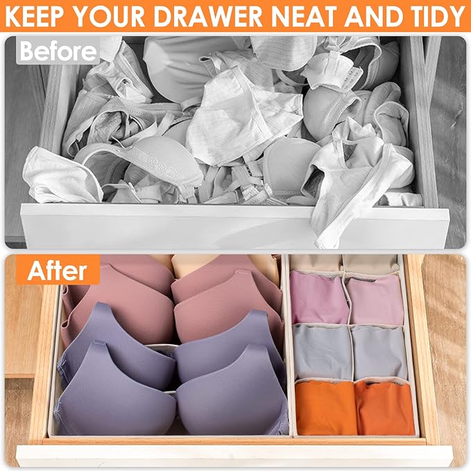 Criusia 6 Pack Sock Underwear Drawer Organizer Dividers, 58 Cell Foldable Fabric Dresser Closet Organizers and Storage Bins for Clothing, Baby Clothes, Bra, Panty, Scarf, Ties (Beige)