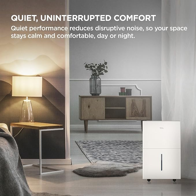 TCL 50-Pint Capacity Quiet, Energy Efficient Portable Dehumidifier, Precise Humidity Control, Bucket or Continuous Drain, Compact Humidity Absorber for Home, Attic, Garage & Rooms up to 4500 Sq Ft