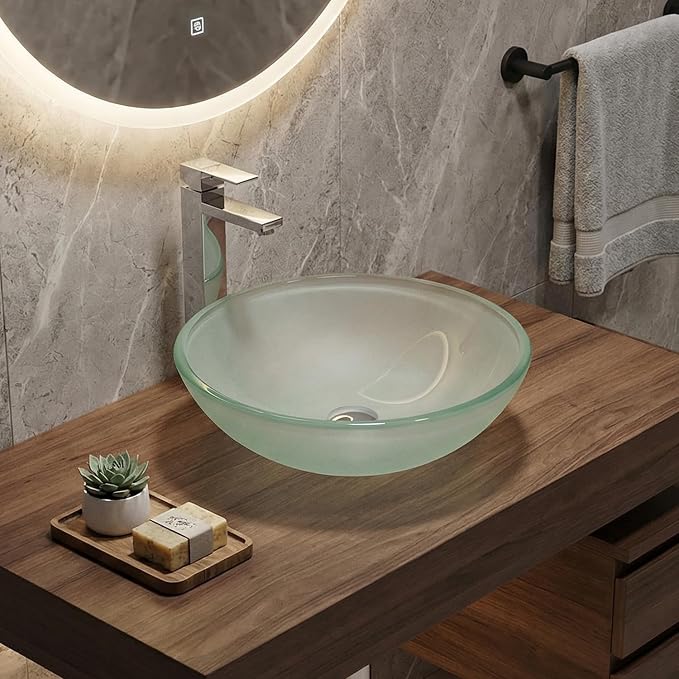 Bathroom Vessel Sink, Tempered Glass Vanity Round Bowl, Frosted | Chrome Faucet, Pop Up Drain, Above Counter, Easy Clean