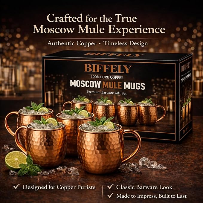 Premium Handcrafted Copper Moscow Mule Mugs Set of 4 – 16oz Hammered Solid Copper Cups, BPA-Free & Lacquer-Free, Elegant Gift Set for Cocktails, Water, Home Bar & Parties