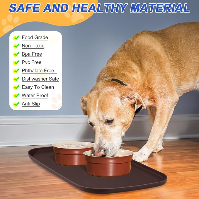 SMILOOL Waterproof Silicone Pet Food Mat with Raised Edge for Dog & Cat | 19" x 12" Non-Slip Pet Feeding Mats with Lip for Food & Water Bowl, Food Grade, Easy Cleaning, Dark Brown