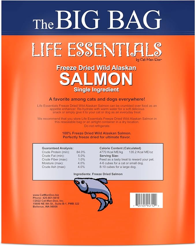 Life Essentials by Cat-Man-Doo | Freeze Dried Salmon Treats | 16oz Bag | Freeze-Dried, Premium Wild Caught Salmon, Healthy, Single Ingredient, High Protein, Pet Treats, Food Topper for Cats & Dogs