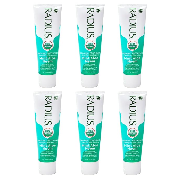 RADIUS USDA Organic Toothpaste 3oz Non Toxic Chemical-Free Gluten-Free Designed to Improve Gum Health & Prevent Cavity - Mint Aloe Neem - Pack of 6
