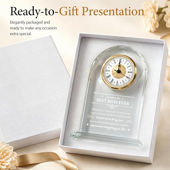 Elegant Glass Table Best Unique Boss Gifts for women,men,Appreciation Thank You Great Boss Day Birthday Ideas for Boss Office Farewell Retirement Birthday Gifts (Battery not Included) (Boss gifts)