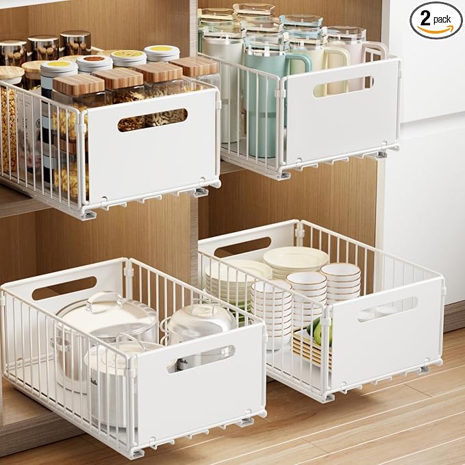 Mustorn 2 Pack Pull Out Cabinet Organizer, Slide Out Drawers for Cabinets, Peel and Stick, Heavy Duty Shelves for Kitchen, Cupboard, Pantry, Bathroom (14.76" D*9.65" W*7.87" H-White)