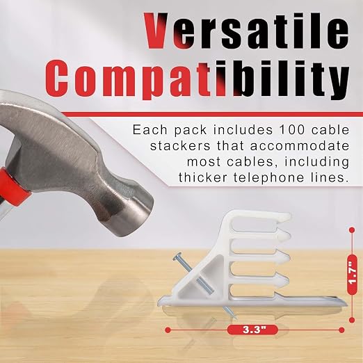 100Pcs Cable Stackers, White Cable Staples Clips with Steel Nails, Electrical Wire stackers, Insulated Cord Staples Multi Cable Wire Clips for Suitable Most Cables