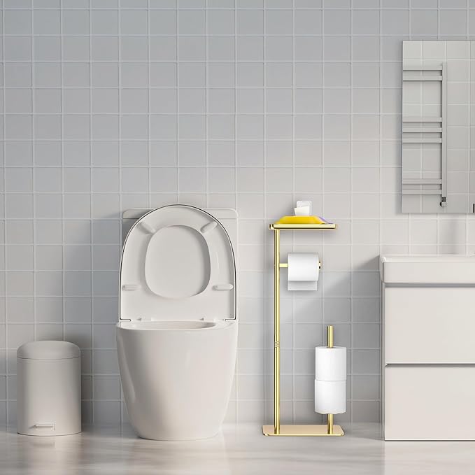 Day Moon™ - Toilet Paper Holder - Modern Roll Holder for Bathroom - 1 Pack - Free Standing - with Shelf, Gold