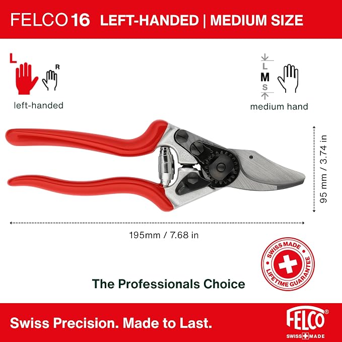 Felco F16 Pruning Shears – 7.7" Garden Clippers for Left-Handed Users with Bypass & Anvil Blades | Hand Pruners for Gardening | Garden Tool Cutter with Aluminum Handle, Lightweight Swiss Precision