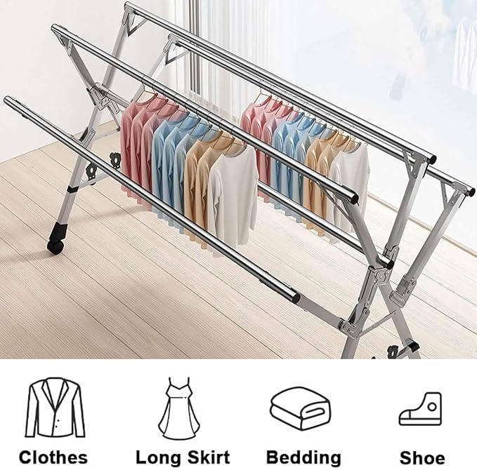 Adjustable Clothes Drying Rack,Folding Blanket Rack,5-Bar | Stainless Steel Laundry Stand,Laundry Drying Rack with Wheels,Extendable from 59 to 94.5 Inches,Hooks,for Indoor Outdoor