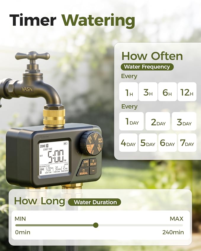 Diivoo Brass Sprinkler Timer 2 Zone, IP66 Waterproof Programmable Water Hose Timer 2 Outlet with Large Display, Rain Delay & Manual Watering for Outdoor Automatic Irrigation of Garden, Lawn, Yard