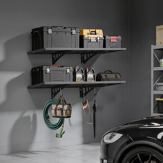 VEVOR 2-Tier Heavy Duty Wall Garage Shelving, 1.64 x 4 ft Steel Wall Mounted Shelving Unit, 19.68 x 48 Inch Per Shelf Floating Storage Metal Rack for Garage with 560 lbs Total Weight Capacity, Black