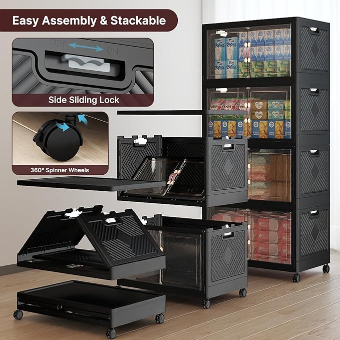 Stackable Storage Bins, 1440QT Collapsible Drawers with 2 Lids | Large Capacity, Magnetic Door, Stack Lock, Rolling Wheels, Foldable Design, Organizers and Storage for Bedroom Dorm Garage