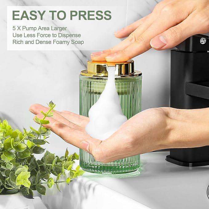 KASUNTING Green Glass Foaming Soap Dispenser, Ribbed Foam Hand Soap Dispenser for Bathroom, 11 Fl Oz Refillable Foaming Pump Bottle with Black Pump, Modern Dish Soap Foam Dispenser