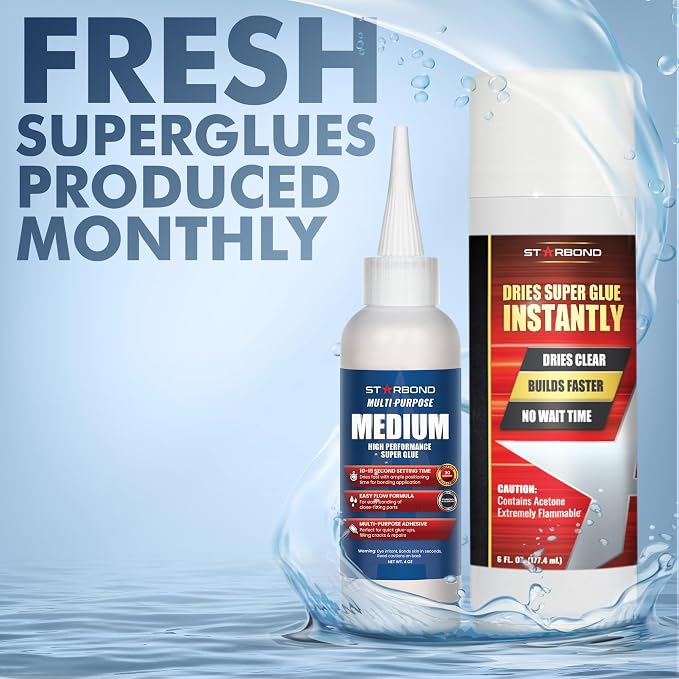 Starbond Medium CA Glue with Activator Bundle (4 oz. + 6 oz.) – Premium Cyanoacrylate Super Glue with Accelerator Kit – for Quick Repair, Woodworking, Woodturning, Crafts, Models & 3D Printing