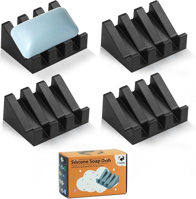 Self Draining Soap Dish Holder,Silicone Soap Dish,for Bathroom,Kitchen, Sponges，Can Extend Soap Life，Keep Soap Bars Dry and Easy Cleaning (N-Black,4-Pack)