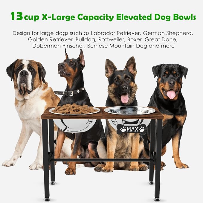 SHAINFUN Elevated Dog Bowls with Mat for Large & Extra Large Dogs, Raised Dog Bowl Stand with 2 Stainless Steel Bowls, Tall Dogs Food Water Bowl Holder