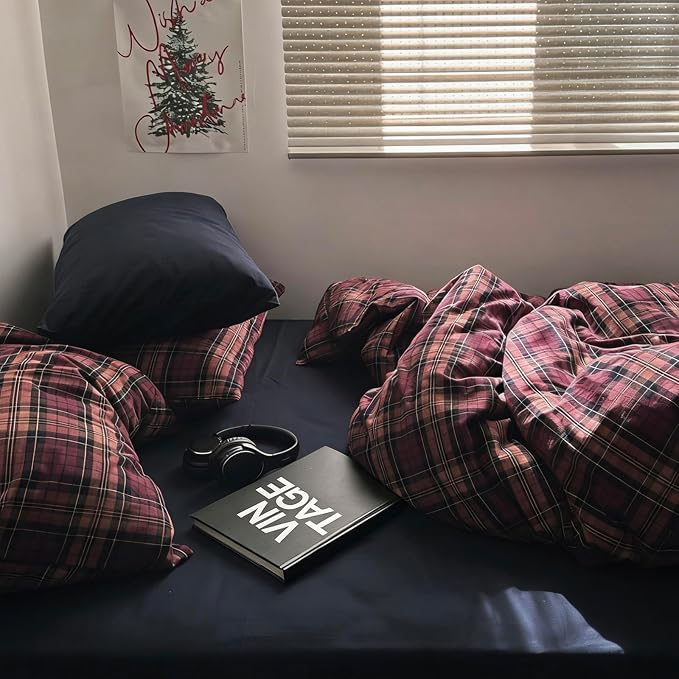mixinni Vintage Buffalo Plaid Duvet Cover Set Twin XL Size – 3 Piece Washed Cotton Bedding for College Dorm, Soft & Breathable Burgundy Grid Comforter Cover with Retro Aesthetic for Teen Boys Girls