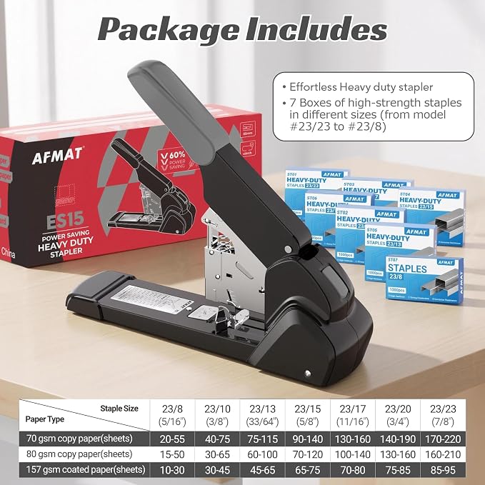 AFMAT Heavy Duty Stapler, 210 Sheet Effortless Stapler for Desk, 60% Reduced Effort, Jam Free, 50,000+ Uses, Adjustable Paper Depth, Metal Office Desktop Staplers, Includes 7000Pcs Staples, ES15