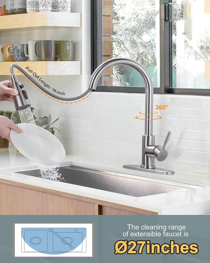 WOWOW Kitchen Faucet with Sprayer, Kitchen Sink Faucet, SUS 304 Stainless Steel, High Arc Single Handle Brushed Nickel Kitchen Faucets with Pull Down Sprayer, Pull Out Kitchen Faucet with Deck Plate