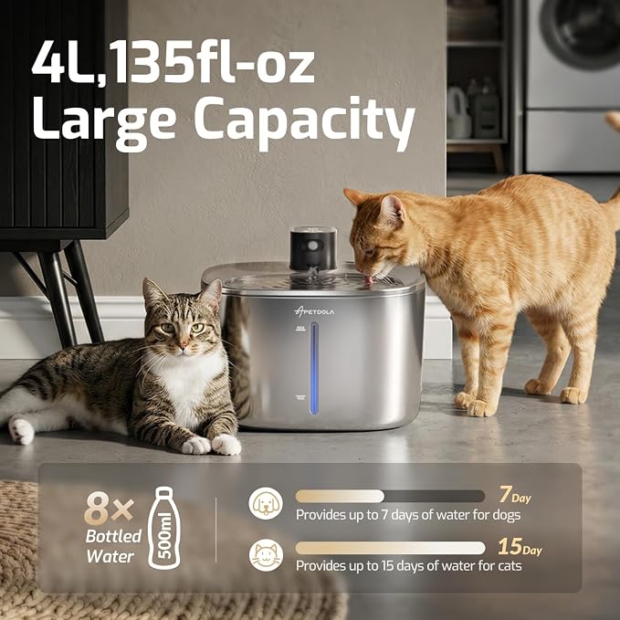 Wireless Cat Water Fountain Stainless Steel,135floz/4L Battery Operated Automatic Pet Fountain,Cordless Cat Water Dispenser Pet Water Fountain for Cats Dogs Pets Outdoor