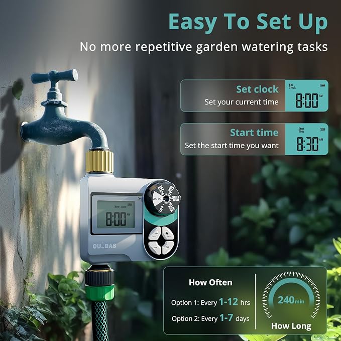 QUOBAS Brass Sprinkler Timer 2 Pack, Programmable Water Hose Timer for Garden Hose Faucet with Waterproof HD Screen, Rain Delay/Manual/Automatic Irrigation Watering System for Garden, Lawn, Yard