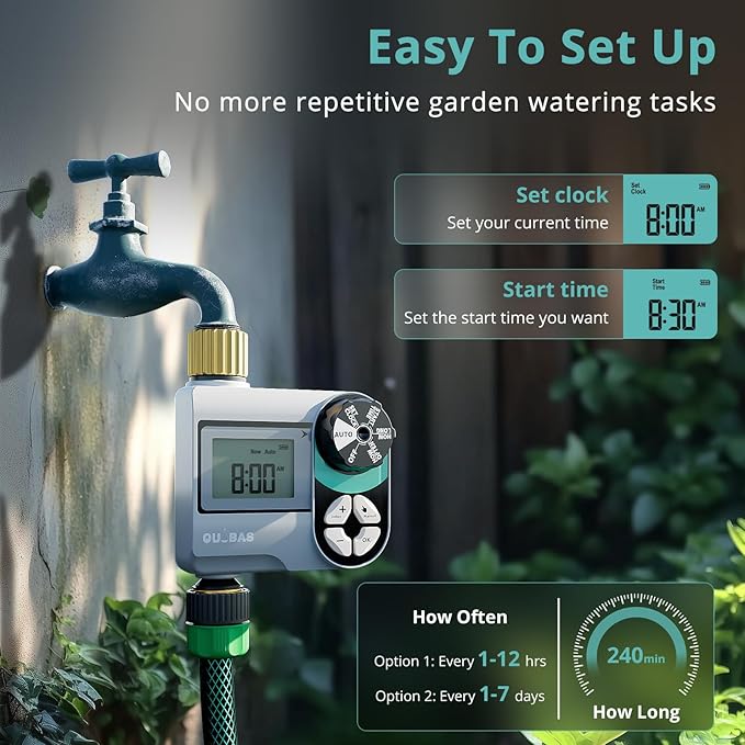 QUOBAS Brass Sprinkler Timer, Programmable Water Hose Timer for Garden Hose Faucet with Waterproof HD Screen, Rain Delay/Manual/Automatic Irrigation Watering System for Garden, Lawn, Yard