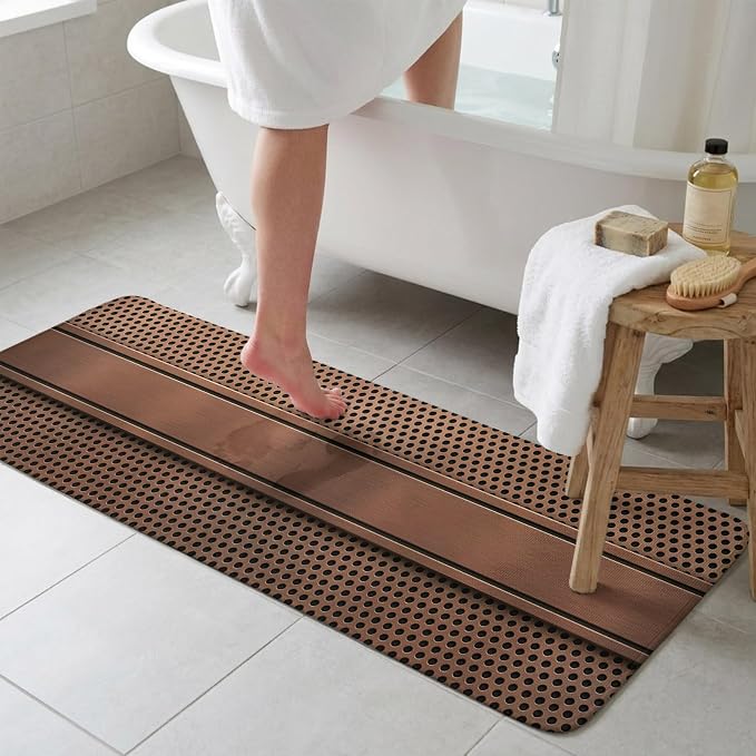 Brown Metal Hole Bathroom Runner Rugs Non Slip Washable Absorbent Narrow Long Bath Mat Copper Net Eye Hole Pattern Runner Rugs for Kitchen Hallway Bedroom Laundry Study Room 15.7"x47.2"